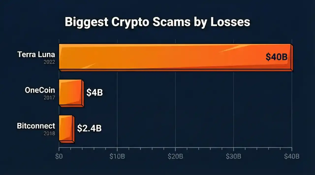 Bar chart comparing biggest crypto scam losses: Terra Luna $40 billion in 2022, OneCoin $4 billion in 2017, Bitconnect $2.4 billion in 2018