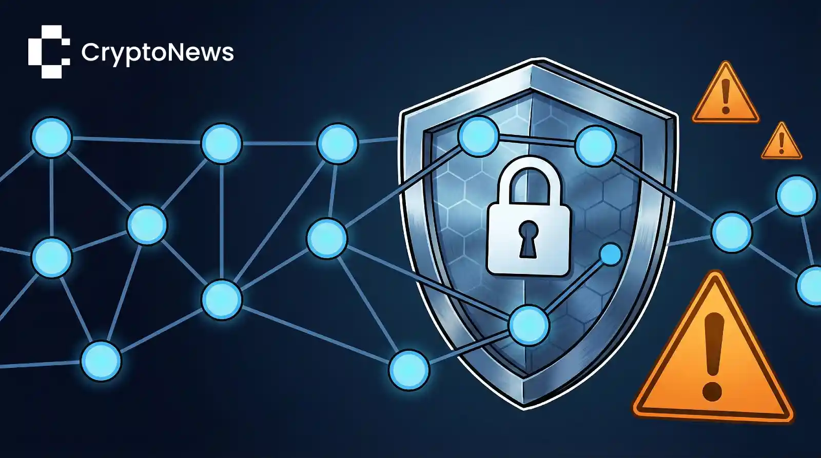 Security shield with lock protecting blockchain network from warning threats, representing crypto scam prevention