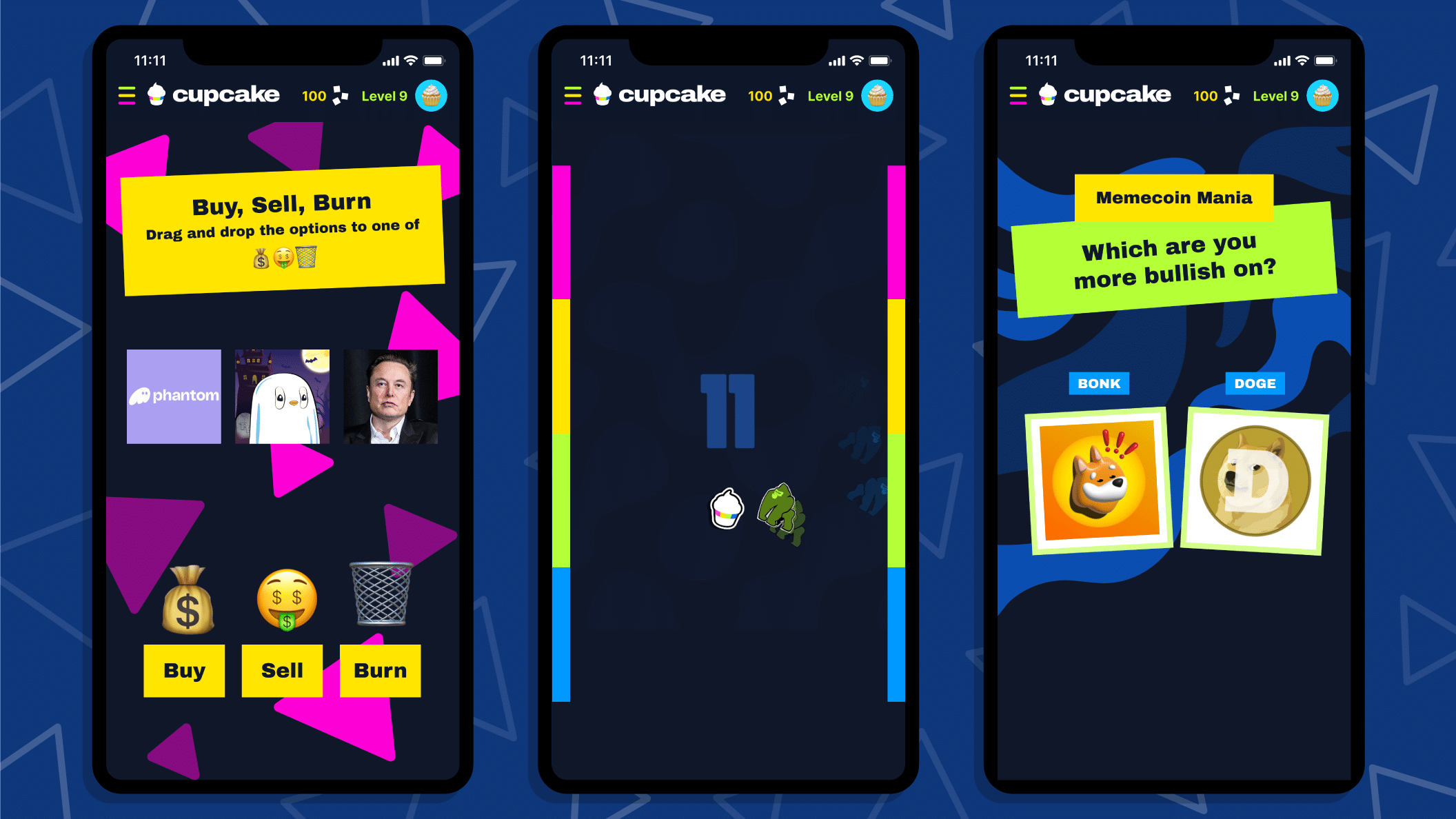 Screenshot of the Cupcake mobile app interface showing features like 'Buy, Sell, Burn' and 'Memecoin Mania' games. The display includes icons of Elon Musk, the Phantom wallet, and popular memecoins like BONK and DOGE.