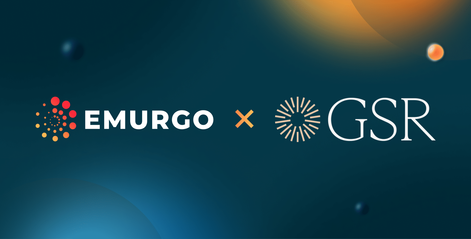 Image featuring the logos of EMURGO and GSR against a dark background with celestial and abstract elements, symbolizing their strategic partnership.