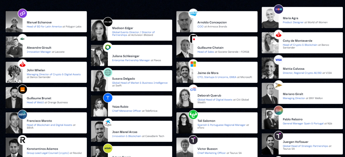 Collage of headshots and profiles of key speakers at Merge Madrid 2024.