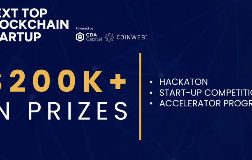 Promotional banner for "Next Top Blockchain Startup" competition powered by GDA Capital and Coinweb, advertising $200K+ in prizes for hackathon, start-up competition, and accelerator program.