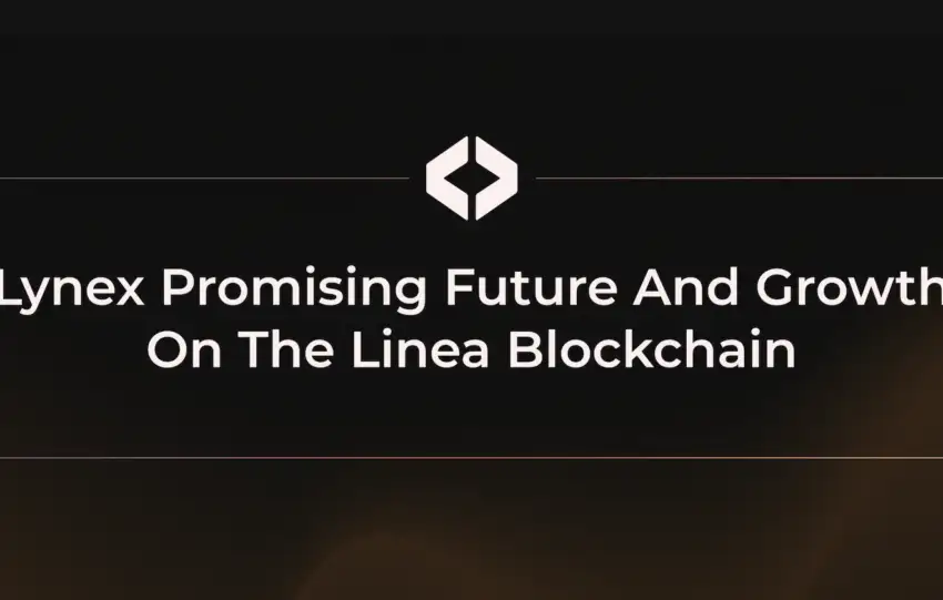 Dark promotional banner for Lynex featuring their geometric logo and text "Lynex Promising Future And Growth On The Linea Blockchain" in a gradient-bordered frame.