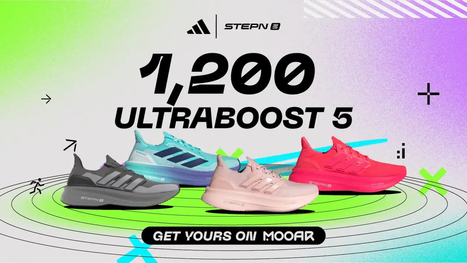 Adidas x STEPN promotional banner showing 1,200 Ultraboost 5 sneakers in gray, turquoise, pink, and coral colors available on MOOAR marketplace.