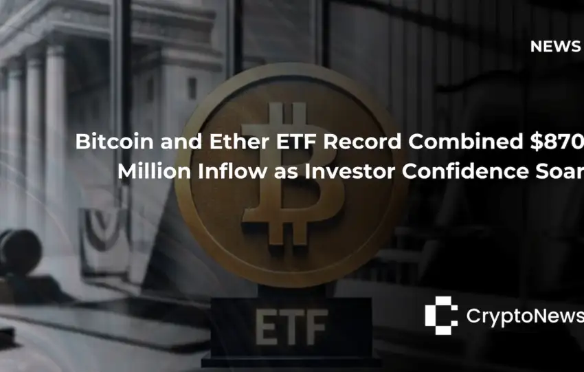 CryptoNews article header with Bitcoin coin on ETF trophy stand against courthouse background, headline reading "Bitcoin and Ether ETF Record Combined $870 Million Inflow as Investor Confidence Soar."