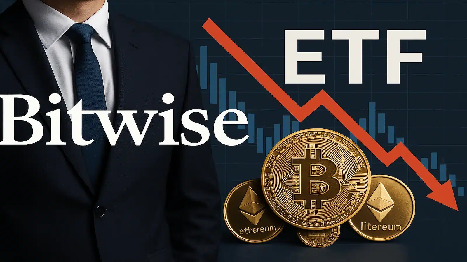 Bitwise ETF graphic showing a businessman in suit with Bitcoin, Ethereum, and Litecoin coins, a red downward arrow, and trading chart background indicating market decline.