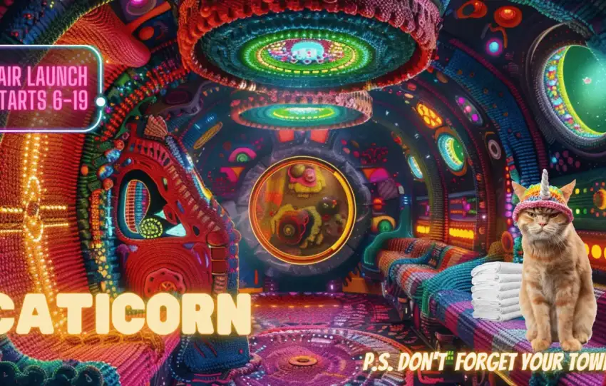 Psychedelic promotional graphic for $CATICORN meme coin featuring a colorful crocheted spaceship interior with an orange cat wearing a knitted unicorn horn hat, sitting next to white towels. Text announces "Fair Launch Starts 6-19" with a Hitchhiker's Guide reference "P.S. Don't Forget Your Towel!"