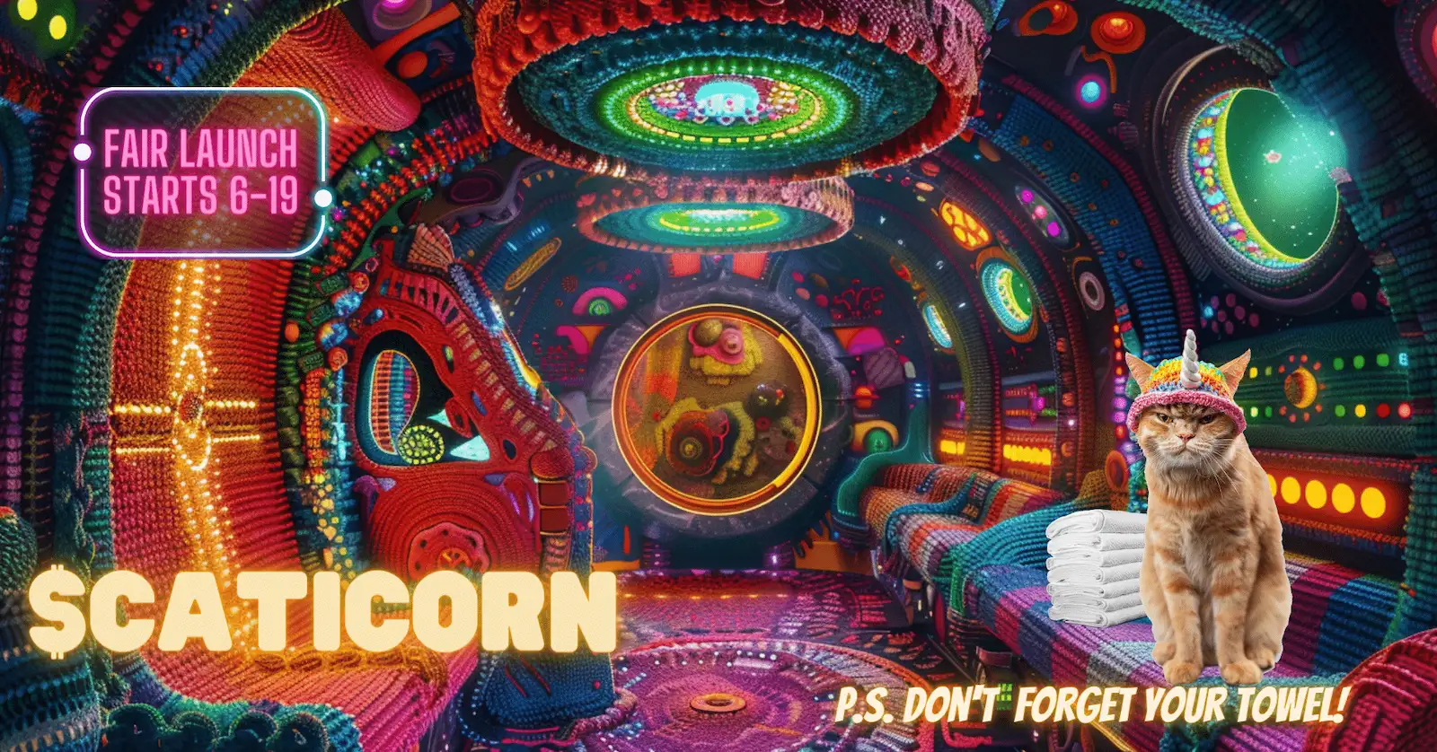 Psychedelic promotional graphic for $CATICORN meme coin featuring a colorful crocheted spaceship interior with an orange cat wearing a knitted unicorn horn hat, sitting next to white towels. Text announces "Fair Launch Starts 6-19" with a Hitchhiker's Guide reference "P.S. Don't Forget Your Towel!"