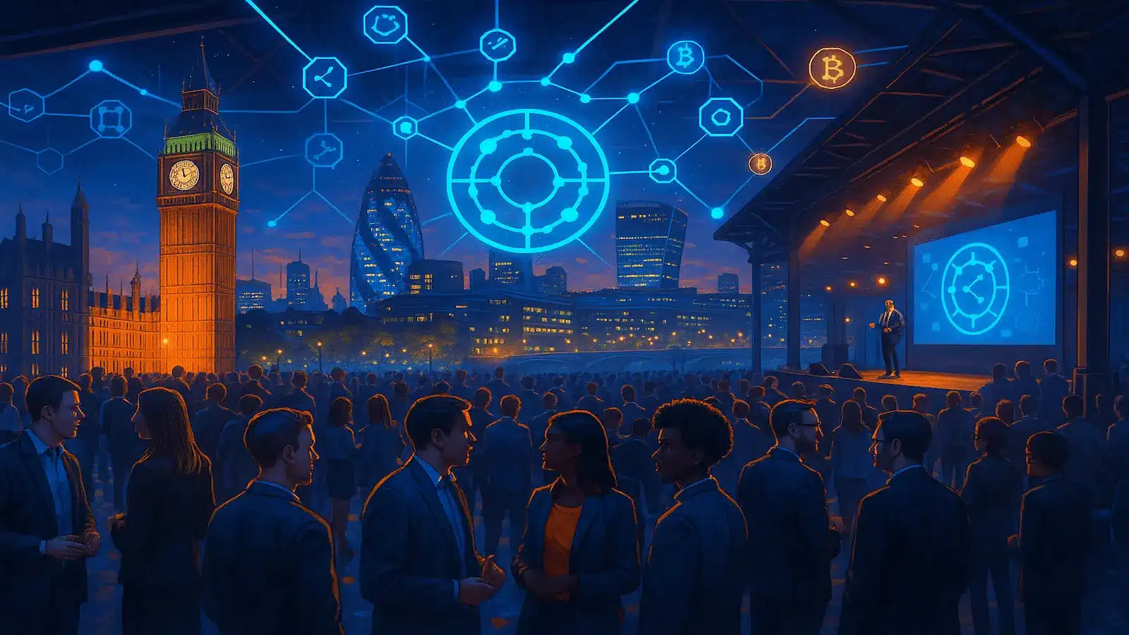 Digital illustration of a blockchain conference in London at night with Big Ben, crowds of attendees, a speaker on stage, and glowing crypto network graphics including Bitcoin symbols in the sky.