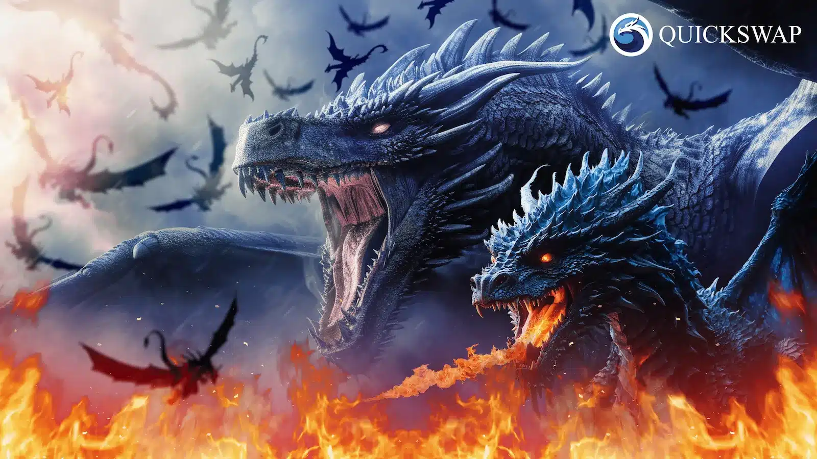 Epic fantasy artwork featuring two fierce blue dragons with one roaring and another breathing fire, surrounded by flames and smaller flying dragons in a stormy sky, with the QuickSwap DEX logo in the upper right corner.