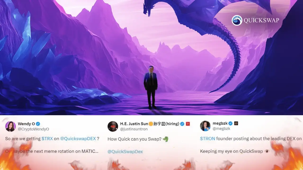 QuickSwap promotional graphic featuring a figure in a suit standing in a purple fantasy landscape with a dragon overhead, alongside Twitter posts from Wendy O, Justin Sun, and megbzk discussing $TRX integration on QuickSwap DEX.