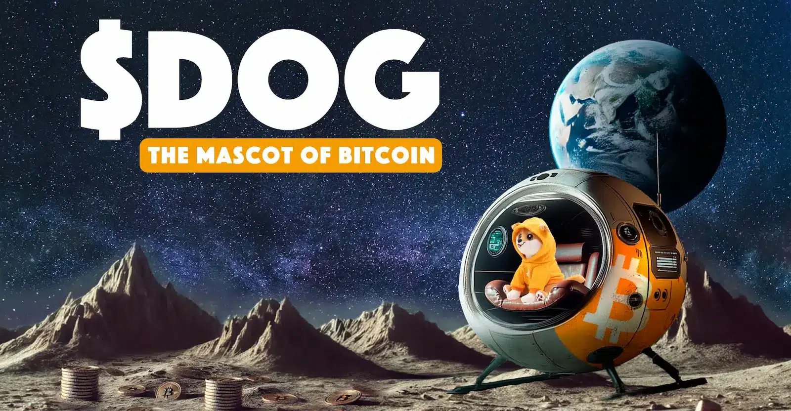$DOG meme coin promotional graphic showing a Shiba Inu dog mascot in orange hoodie piloting a Bitcoin-branded space pod on the moon, with Earth visible in the starry sky background.