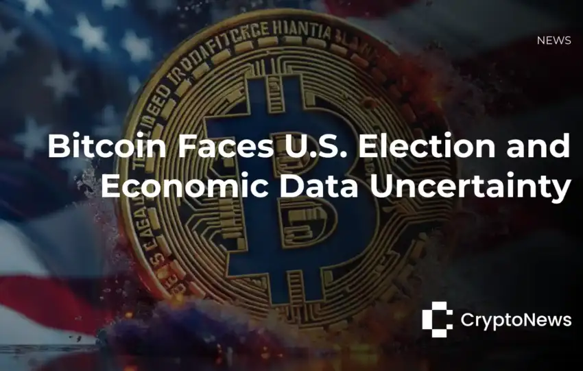 CryptoNews article header showing golden Bitcoin coin with American flag background, headline reading "Bitcoin Faces U.S. Election and Economic Data Uncertainty."