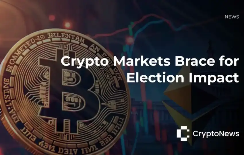 CryptoNews article header showing golden Bitcoin coin with US Capitol building, Ethereum logo, and trading charts in background, headline reading "Crypto Markets Brace for Election Impact."