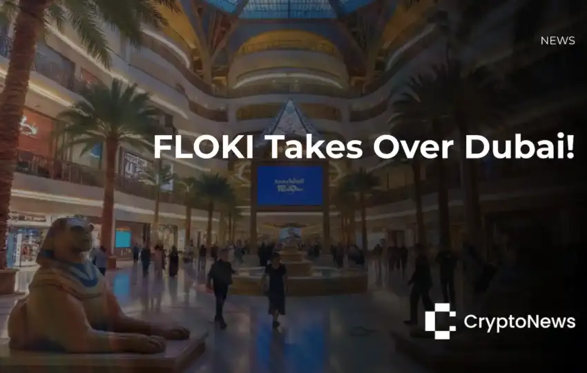 CryptoNews article header showing interior of Dubai's Wafi Mall with Egyptian-themed architecture and sphinx statues, headline reading "FLOKI Takes Over Dubai!"