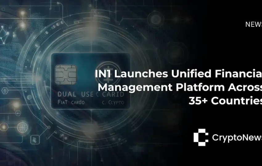 CryptoNews article header showing a dual-use fiat and crypto payment card with futuristic tech graphics, headline reading "IN1 Launches Unified Financial Management Platform Across 35+ Countries."