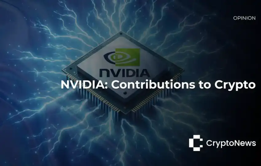 CryptoNews opinion article header showing NVIDIA GPU chip with electric lightning effects on blue background, headline reading "NVIDIA: Contributions to Crypto."