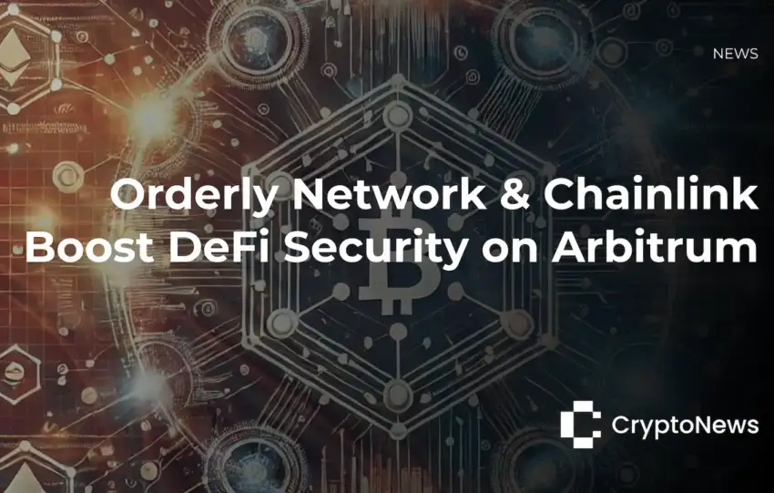 CryptoNews article header with blockchain network graphics showing Bitcoin, Ethereum, and Chainlink logos, headline reading "Orderly Network & Chainlink Boost DeFi Security on Arbitrum."