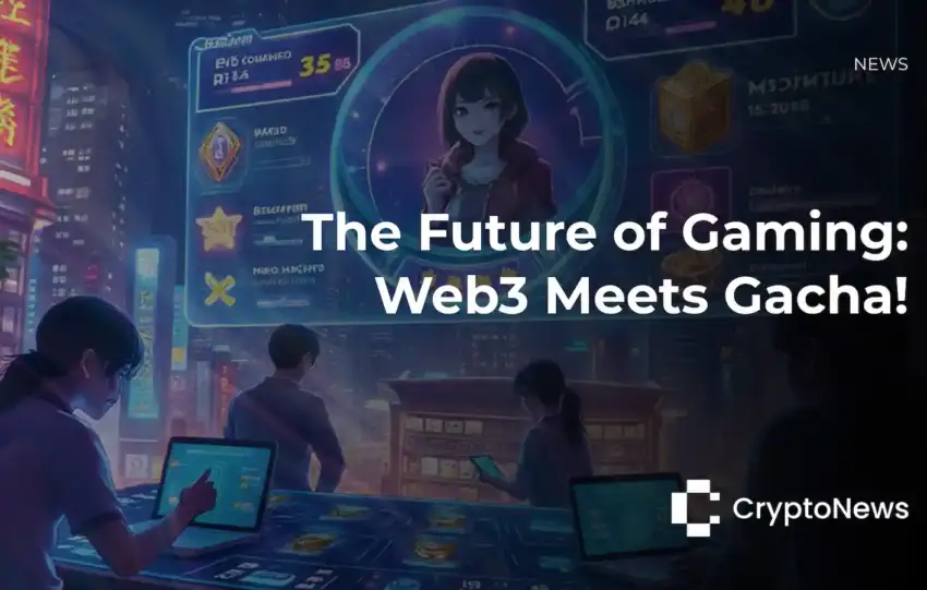 CryptoNews article header with anime-style illustration of players using tablets at a futuristic gacha game station with neon signs, headline reading "The Future of Gaming: Web3 Meets Gacha!"