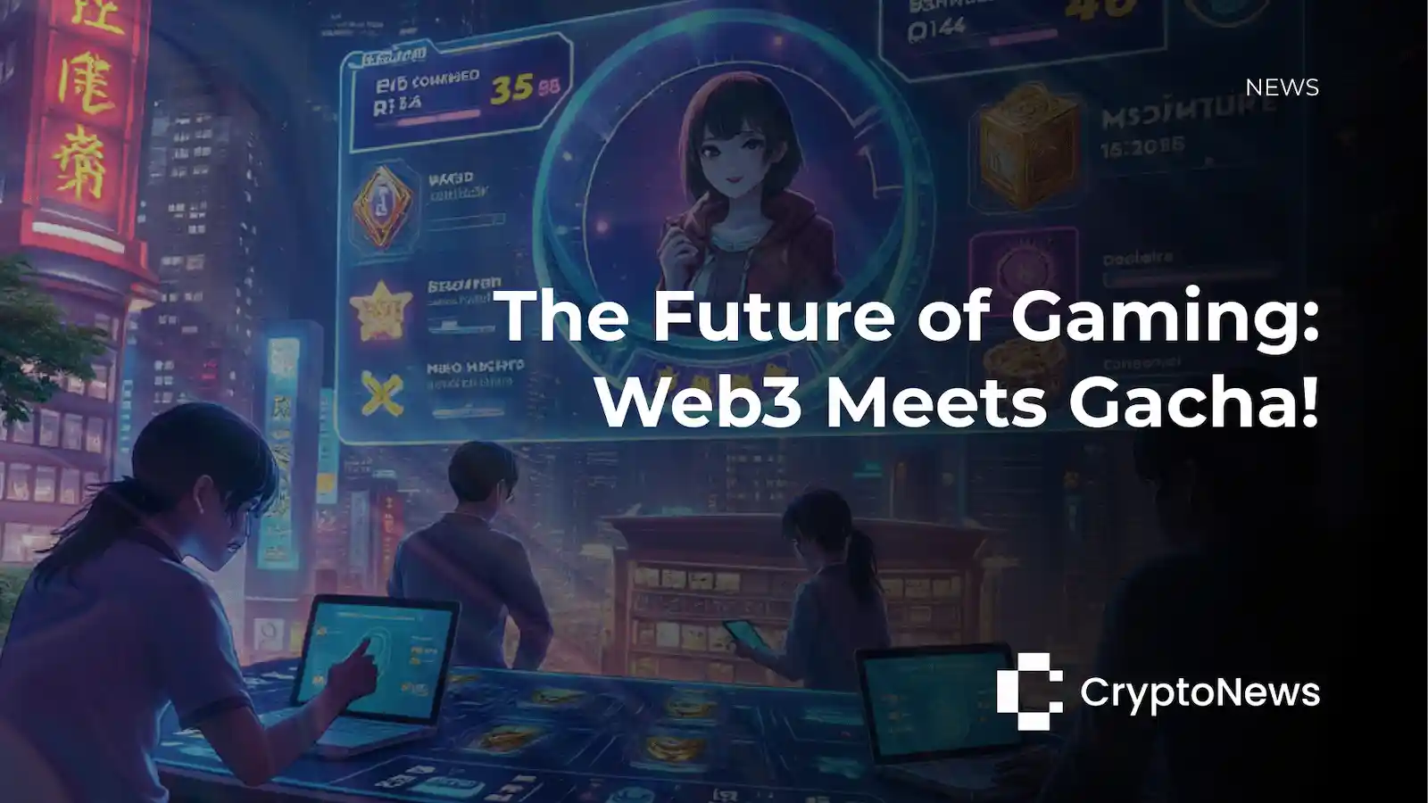 CryptoNews article header with anime-style illustration of players using tablets at a futuristic gacha game station with neon signs, headline reading "The Future of Gaming: Web3 Meets Gacha!"