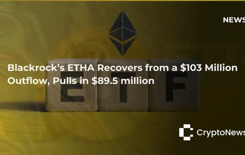 CryptoNews article header showing Ethereum logo above "ETF" letter blocks on golden background, headline reading "Blackrock's ETHA Recovers from a $103 Million Outflow, Pulls in $89.5 million."