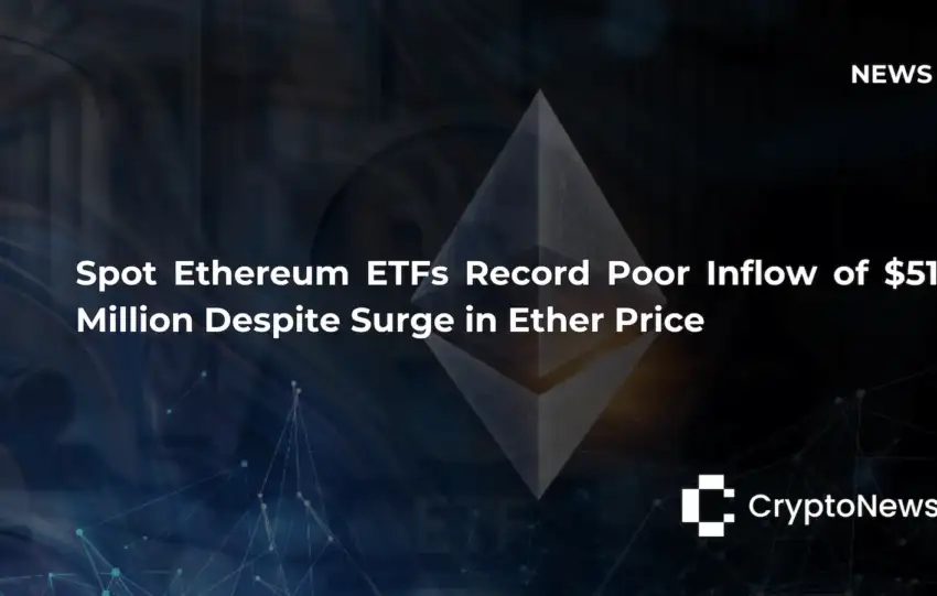 CryptoNews article header featuring a translucent 3D Ethereum diamond logo against a dark blue background with blockchain network graphics, headline reading "Spot Ethereum ETFs Record Poor Inflow of $51 Million Despite Surge in Ether Price."