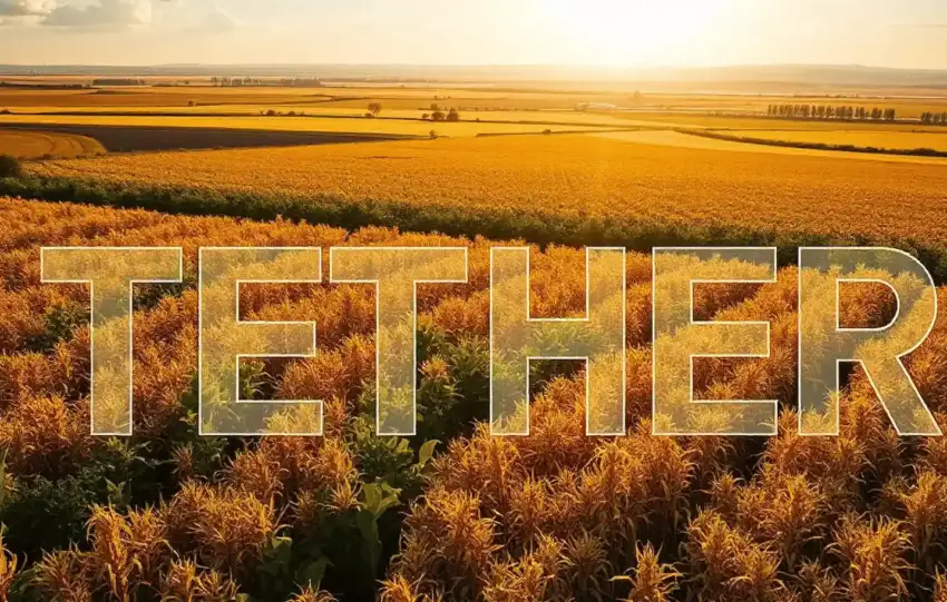 Golden agricultural field at sunset with "TETHER" text overlay, representing Tether's investment in agriculture or commodities.