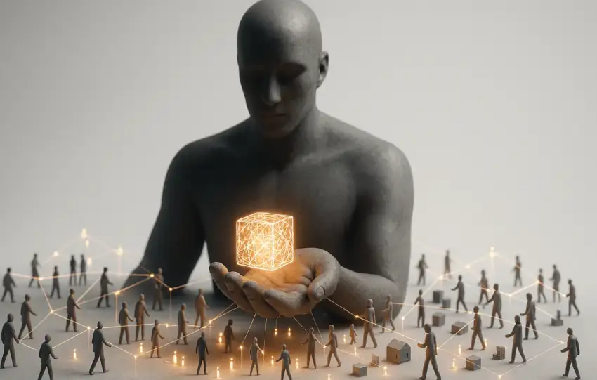 Conceptual artwork of a large gray human figure holding a glowing orange wireframe cube, surrounded by miniature people connected by glowing network lines.