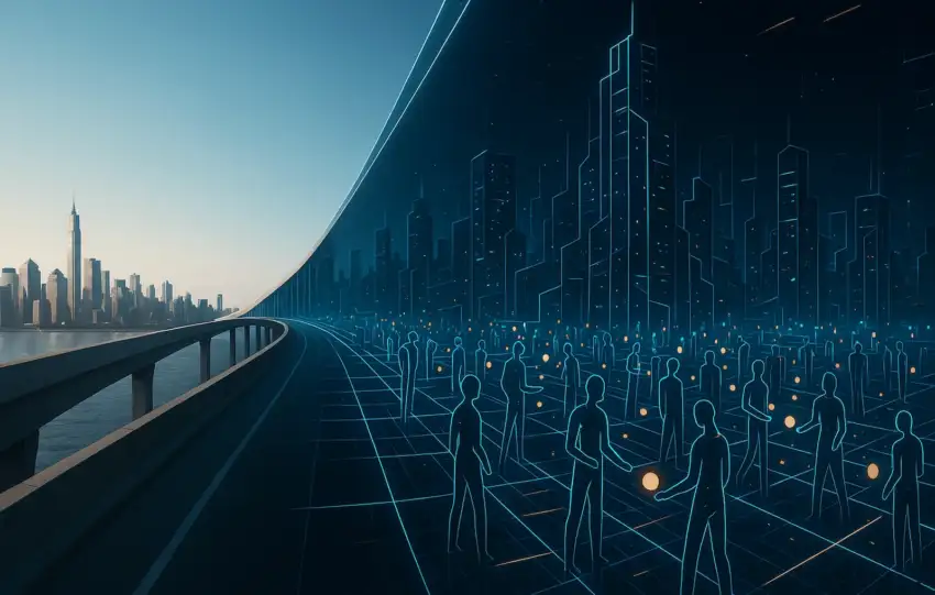 Conceptual digital artwork showing a bridge connecting a real city skyline to a futuristic virtual cityscape populated by glowing blue wireframe human figures.