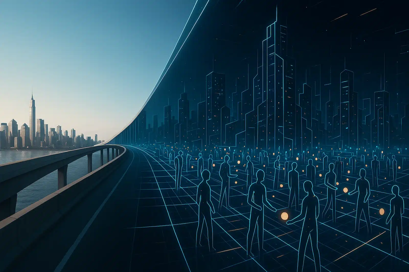 Conceptual digital artwork showing a bridge connecting a real city skyline to a futuristic virtual cityscape populated by glowing blue wireframe human figures.
