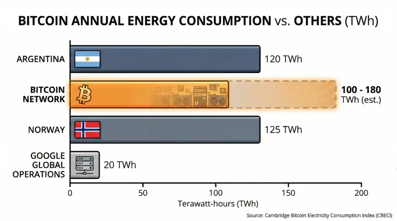 Bar chart comparing annual energy consumption (TWh): Argentina (120), Bitcoin Network (100-180), Norway (125), and Google Global Operations (20).