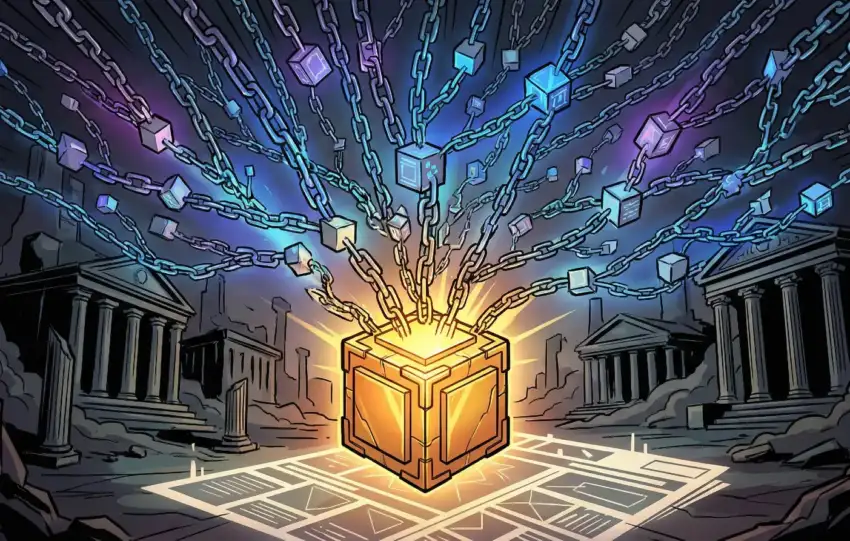 Bitcoin genesis block glowing golden cube with blockchain chains radiating outward to connected blocks, ancient temple ruins in background