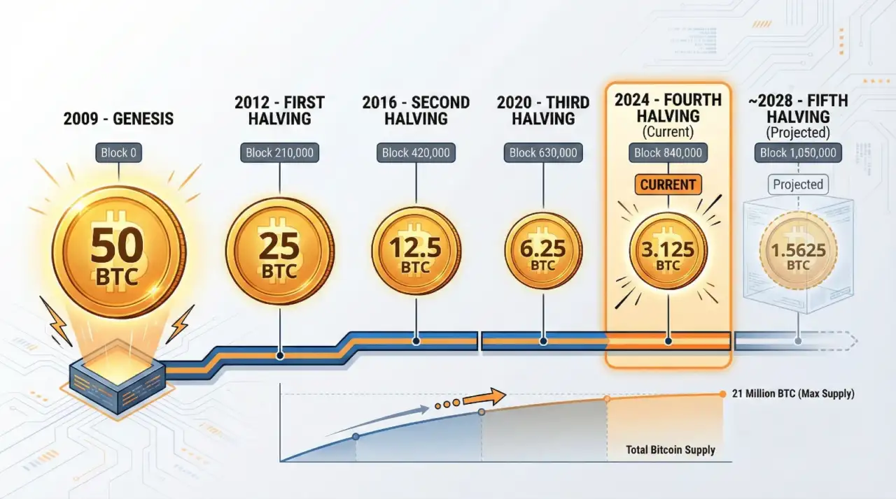 Timeline of Bitcoin halvings: 2009 (50 BTC), 2012 (25 BTC), 2016 (12.5 BTC), 2020 (6.25 BTC), 2024 (3.125 BTC), and projected 2028 (1.5625 BTC).