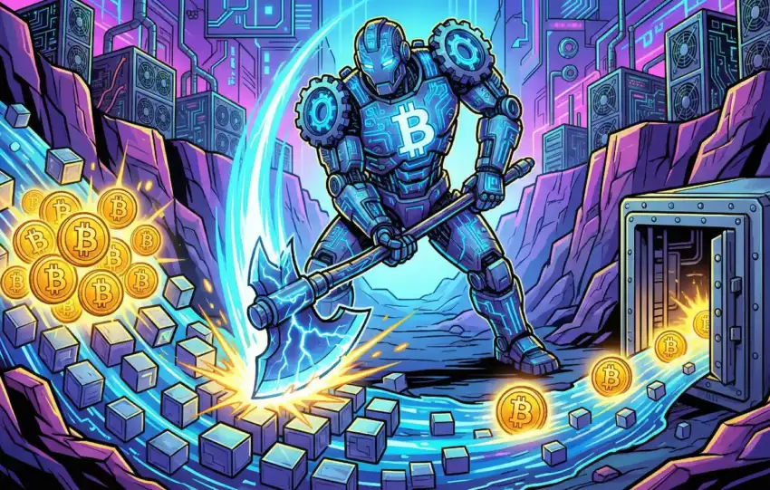 Bitcoin mining robot with pickaxe extracting BTC coins from rock wall, with blockchain cubes and vault storing mining rewards