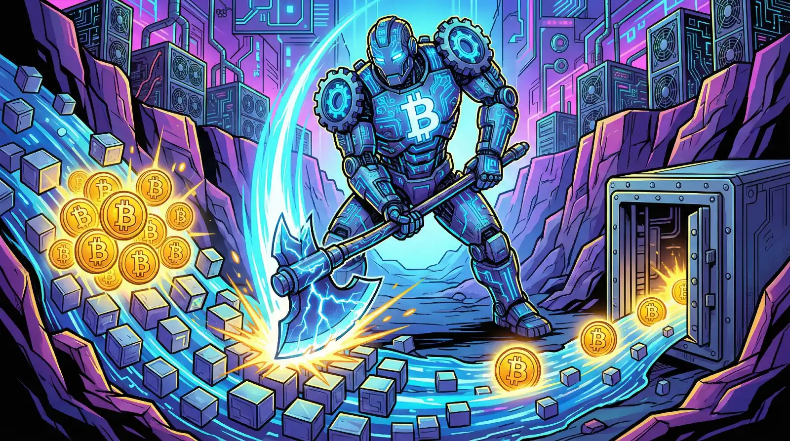 Bitcoin mining robot with pickaxe extracting BTC coins from rock wall, with blockchain cubes and vault storing mining rewards