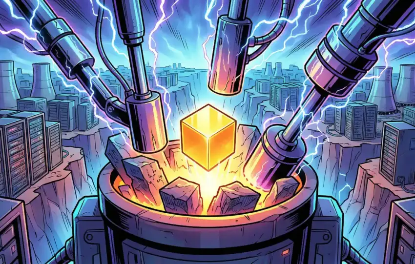 Golden Bitcoin block being forged with electrical energy in industrial mining facility surrounded by server racks and cooling towers