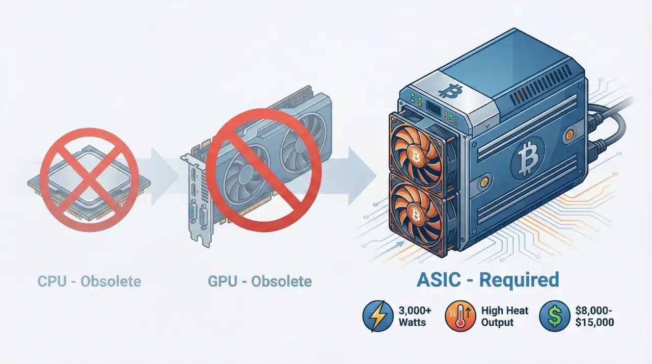 Diagram comparing Bitcoin mining hardware: CPU and GPU are crossed out and labeled obsolete. An ASIC miner is shown as required, with icons indicating 3,000+ watts power usage, high heat output, and a cost between $8,000 and $15,000.