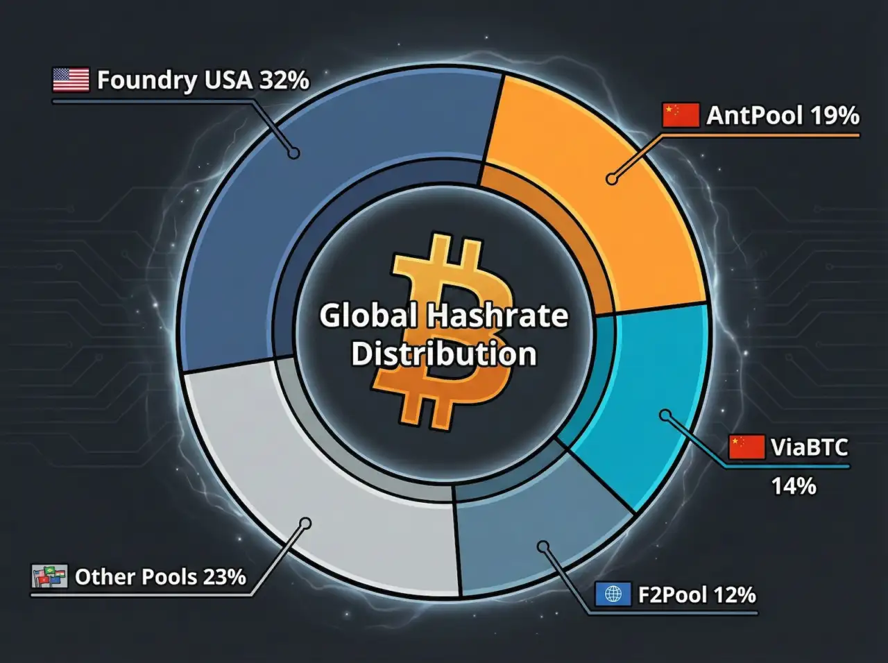Pie chart showing Bitcoin global hashrate distribution: Foundry USA 32%, AntPool 19%, ViaBTC 14%, F2Pool 12%, and Other Pools 23%.