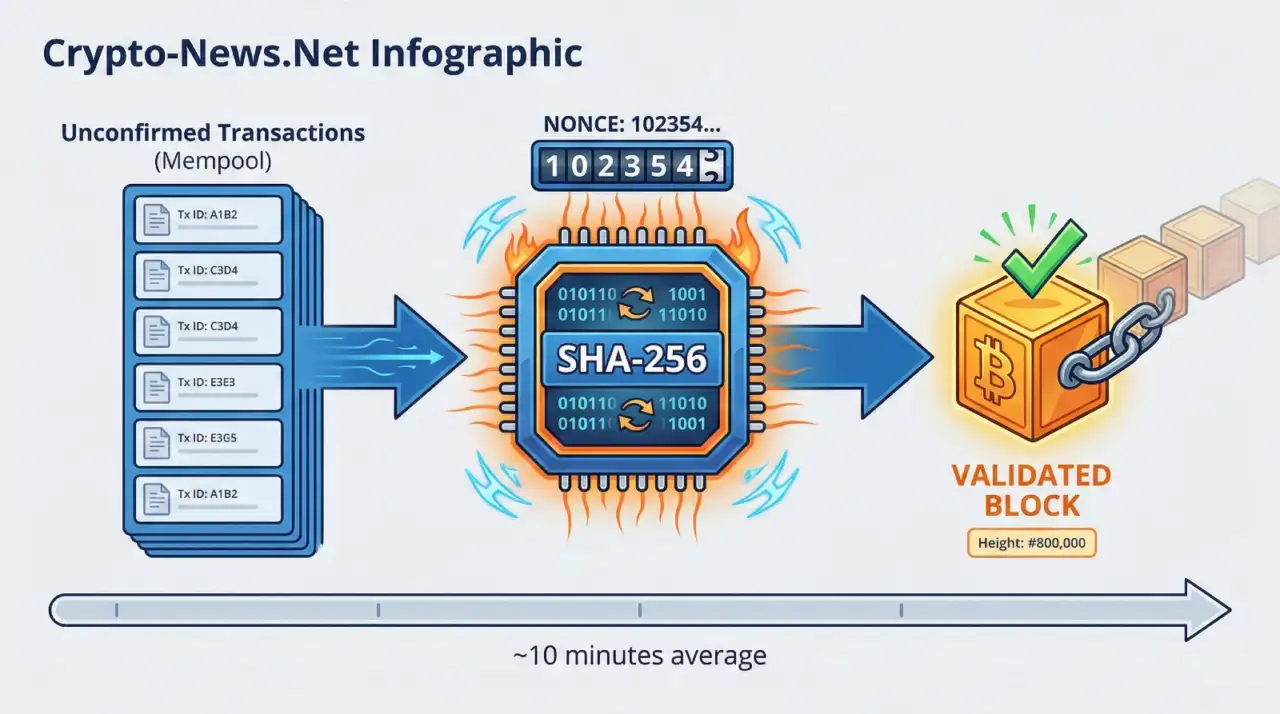 Infographic illustrating the Bitcoin mining workflow: unconfirmed transactions move from the mempool into a SHA-256 processor where a nonce is solved, resulting in a validated block added to the chain approximately every 10 minutes.