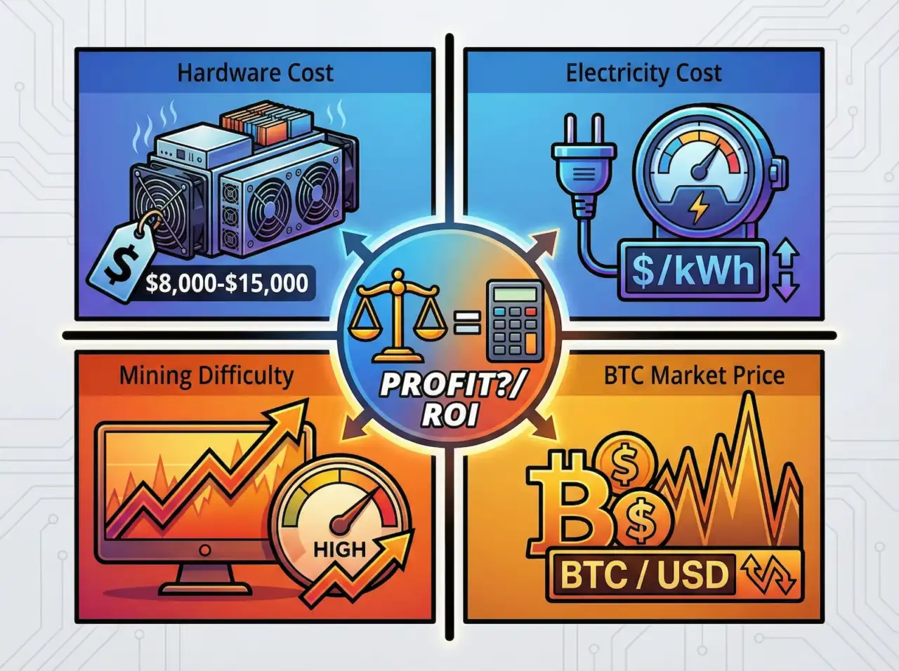 Infographic showing 4 factors of mining profit: Hardware Cost ($8k-$15k), Electricity Cost ($/kWh), Mining Difficulty (High/Rising), and BTC Market Price (Volatility).