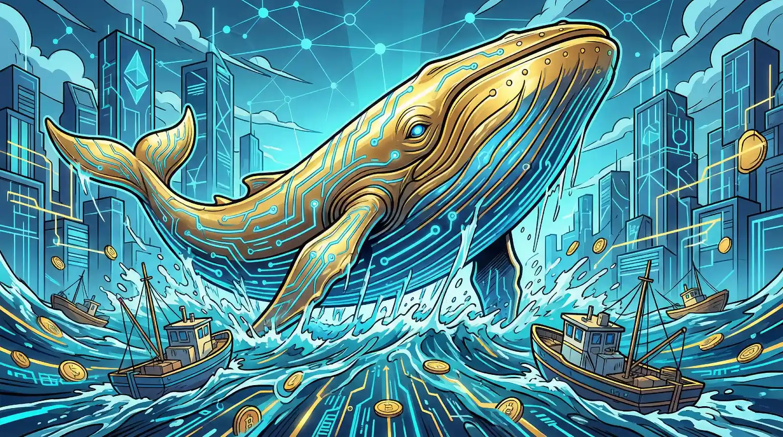 Golden Bitcoin whale with circuit patterns breaching ocean waves, surrounded by small boats and floating crypto coins against futuristic city skyline