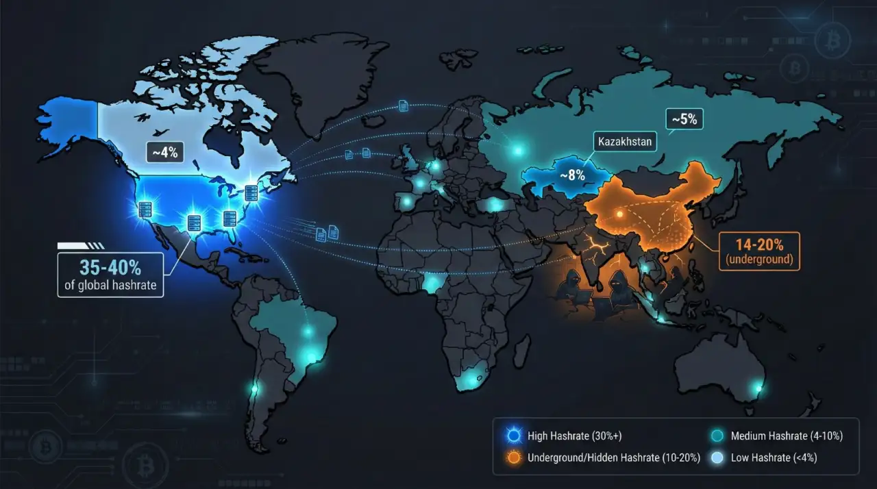 World map highlighting Bitcoin mining hotspots: USA (35-40%), China (14-20% underground), Kazakhstan (~8%), Russia (~5%), and Canada (~4%).