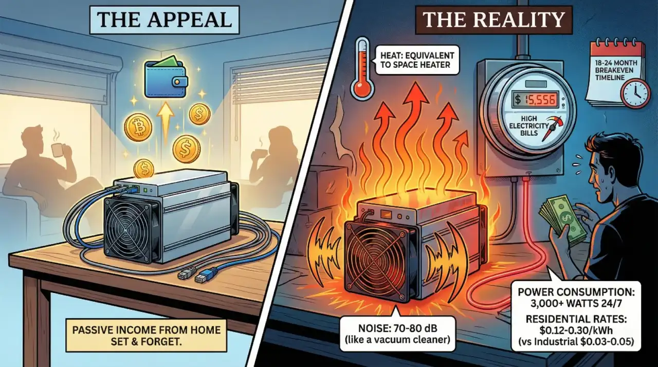 Comparison illustration: "The Appeal" shows silent passive income and relaxation, while "The Reality" shows loud noise (70-80 dB), extreme heat requiring cooling, and high electricity bills ($15,556) with a long breakeven timeline.