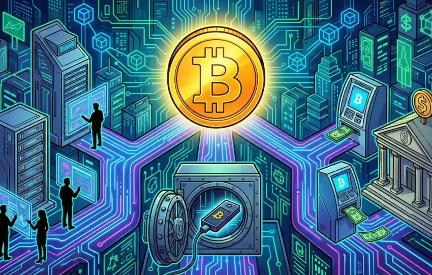 Bitcoin coin connected to exchange servers, ATMs, bank, and hardware wallet vault showing multiple ways to buy and store BTC