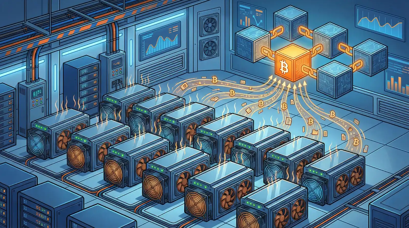 Illustration of a large industrial Bitcoin mining facility with rows of hot ASIC miners, server racks, and data flowing into a glowing Bitcoin block being added to a blockchain.