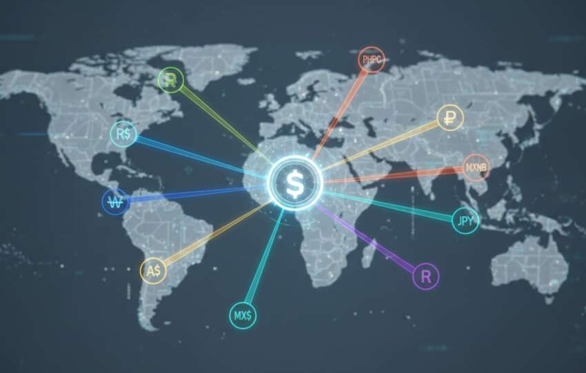 A digital world map with a central glowing stablecoin icon, connected by colored lines to various global currency symbols, illustrating worldwide digital currency exchange.