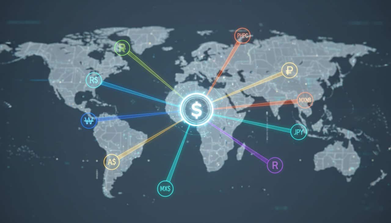 A digital world map with a central glowing stablecoin icon, connected by colored lines to various global currency symbols, illustrating worldwide digital currency exchange.