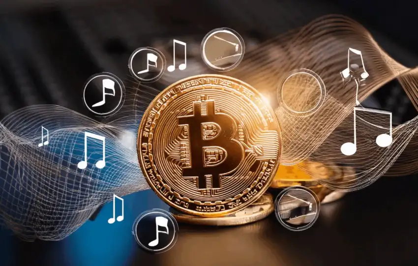 Golden Bitcoin coin surrounded by floating music notes and sound wave graphics, representing the intersection of cryptocurrency and the music industry.