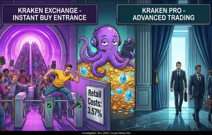 Editorial illustration of Kraken Exchange showing Instant Buy entrance at 3.5% fees with retail crowd versus Kraken Pro entrance at 0.25-0.40% fees with professionals, purple octopus mascot wearing customer service headset sits centrally on coins
