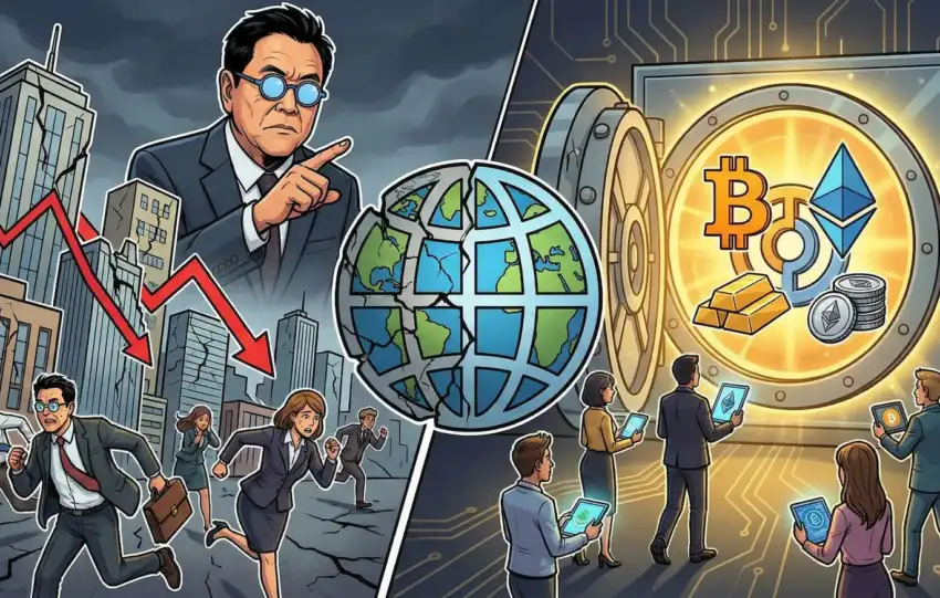 Illustration of Robert Kiyosaki's warning showing traditional market crash with fleeing investors contrasted against Bitcoin and Ethereum as safe haven assets in vault